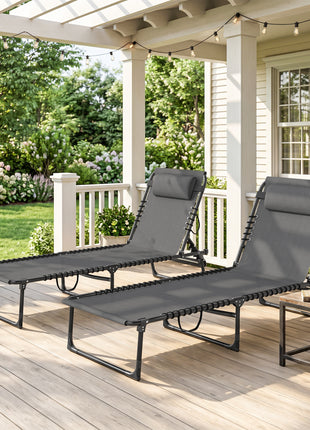 2 Folding Chaise Lounge Pool Chairs with 4-Position Reclining Back, Pillow, Breathable Mesh & Bungee Seat, Gray