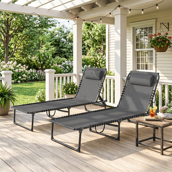 2 Folding Chaise Lounge Pool Chairs with 4-Position Reclining Back, Pillow, Breathable Mesh & Bungee Seat, Gray