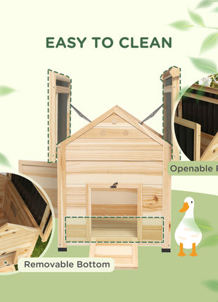 Duck Coop, Wooden Duck House with Openable Roof & Double Doors, Natural Wood