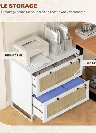Lockable Filing Cabinet, Boho 2 Drawer File Cabinet with Adjustable Hanging Bar for Letter, A4 and Legal Size, White