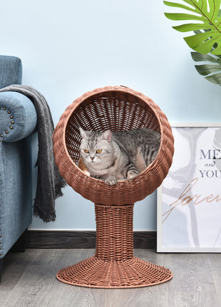 Elevated Cat Bed with Rotatable Egg Chair Pod, Cat Basket Bed with Thick Cushion, Natural Mat Grass Woven Kitty House, Brown