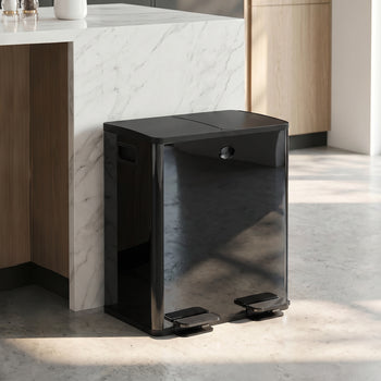 Trash Can, 2 x 5 Gallon Stainless Steel Garbage Can with Soft Close, Stay-Open Lid, Pedals, Inner Buckets, Black