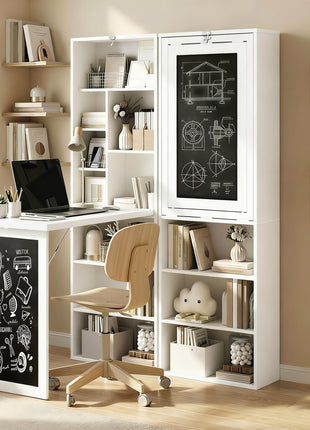 Fold-out Convertible Office Desk, Wall Mount Computer Desk with Blackboard and Side Shelf, White