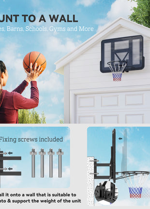 Wall Mounted Basketball Hoop, Basketball Goal Combo Kit with 43" Reinforced Shatter Resistant Backboard and All Weather Net for Indoor or Outdoor Use