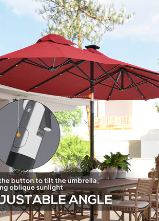 Double-sided Patio Umbrella, 9.7' Outdoor Umbrella with Tilt and Crank, LED Solar Light and 12 Ribs, Wine Red