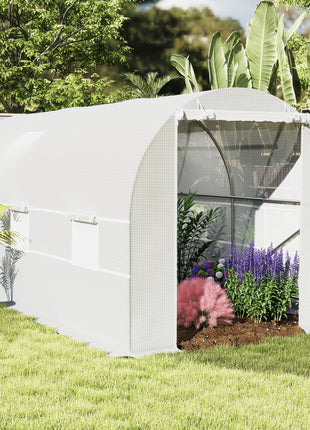 15' x 7' x 7' Walk-In Tunnel Greenhouse, Large Garden Hot House Kit with 6 Roll-up Windows & Roll Up Door, Steel Frame, White