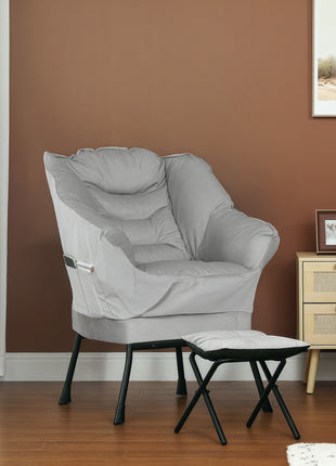 Lazy Chair and Ottoman Set, Fabric Upholstered Accent Chair with Side Pockets, for Living Room, Bedroom, Light Gray