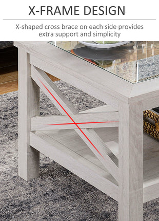 Coffee Table with Tempered Glass Tabletop, Living Room Table with Wood Frame and Underneath Storage Shelf, White Oak