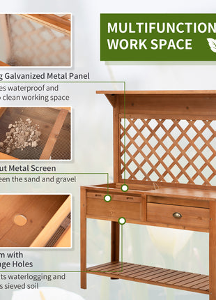 Garden Potting Bench, Outdoor Wooden Workstation Table w/ Metal Screen, Drawer, Hooks, Storage Shelf, and Lattice Back for Patio, Backyard and Porch