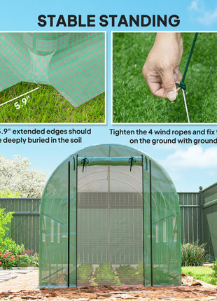 Hoop House Greenhouse, Walk-in Tunnel Greenhouse with 2 Support Rods, Zippered Roll-up Mesh Door, 14.6'x6.5'x6.6', Green