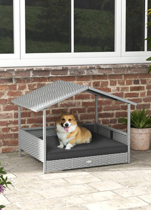 Wicker Dog House Outdoor with Canopy, Rattan Dog Bed with Water-resistant Cushion, Raised Pet Bed for Small, Medium Breeds up to 66 lbs, 20" in Length, Silver Wicker, Gray Cushion