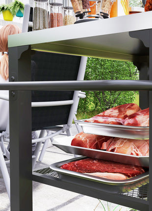 3-Shelf Outdoor Grill Cart with Stainless Steel Tabletop, Movable Pizza Oven Table with Hooks, Side Handle, Wheels