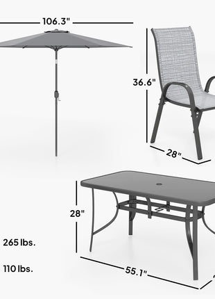 8 Pieces Patio Furniture Set with 9Ft Patio Umbrella, Outdoor Dining Table and Chairs, Mixed Gray