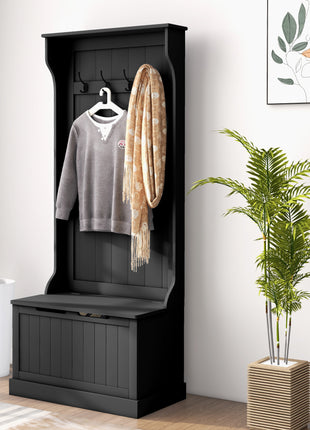 Entryway Hall Tree with Coat Rack and Sitting Bench, Mudroom Bench with Storage and Hooks, Black