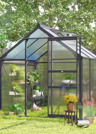 Polycarbonate Greenhouse, Heavy Duty Outdoor Aluminum Walk-in Green House Kit Vent Door, 6.2'x6.2'x6.6' Gray
