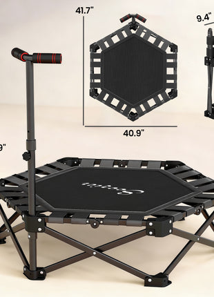 42" Foldable Mini Trampoline, Rebounder Trampoline with Adjustable Foam Handle for Indoor Outdoor Workout for Adults