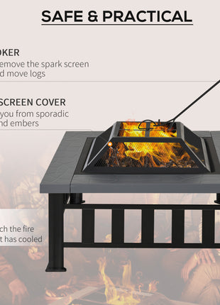 34" Outdoor Fire Pit Square Steel Wood Burning Firepit Bowl with Spark Screen, Waterproof Cover, Log Grate, Poker for Backyard, Camping, BBQ, Bonfire