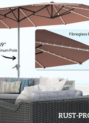 15ft Double-Sided Outdoor Umbrella with Solar Lights, UPF50+ Extra Large Aluminum Patio Umbrella with Crank, Tan