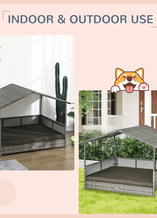 Outdoor Dog Bed with Canopy, Rattan Dog Bed with Soft Cushion Removable Cover for Medium and Large Dogs, Charcoal Gray