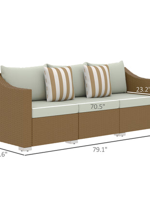 Rattan Wicker 3 Seater Patio Couch with Cushions, 2 Throw Pillows, Outdoor Furniture Rattan Sofa, Light Gray