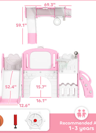 7 in 1 Kids Slide with Climber, Basketball Hoop, Telescope, Indoor Outdoor Playground, for Boys Girls Ages 1-3, Pink