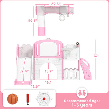 7 in 1 Kids Slide with Climber, Basketball Hoop, Telescope, Indoor Outdoor Playground, for Boys Girls Ages 1-3, Pink