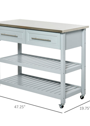 Kitchen Island with Stainless Steel Top, Traditional Kitchen Island with Storage, Butcher Block Cart 2-Tier Open Shelves, Drawers, Light Gray