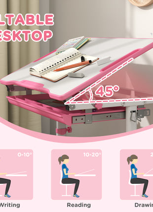 Height Adjustable Kids Desk and Chairs Set with Tilt Desktop, Storage Drawer, Pen Slot, Hook, Pink