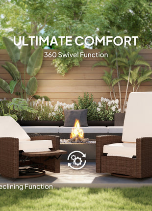 Outdoor Wicker Swivel Recliner Chair, Lifting Footrest, 360° Rotating Basic, Water-resistant Cushions, Cream White