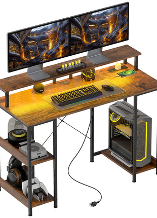 Computer Desk with Storage, 47" Reversible Computer Table with Power Outlets and LED Lights, Rustic Brown