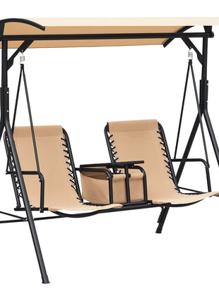 2 Person Porch Swing with Canopy, Storage Table, Cup Holder, Beige