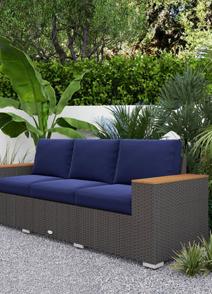 3-Seat Outdoor Patio Sofa, PE Wicker Outdoor Couch with  Extra Wide Deep Seat, Wide Armrests 4" Cushions, Navy Blue