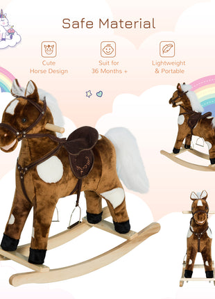 Kids Metal Plush Ride-On Rocking Horse Chair Toy With Nursery Rhyme Music - Dark Brown