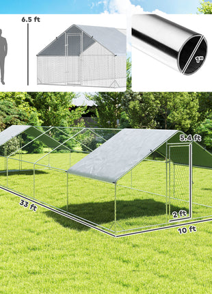 Large Chicken Coop with Waterproof and Anti-UV Cover, Spire Shaped for Outdoor and Yard Farm Use, 33' x 10' x 6.4'