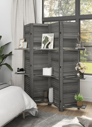 4 Panel 67" Tall Wood Privacy Screen Room Divider with 3 Shelves and Folding Storage for Bedroom, Gray
