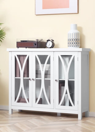 Sideboard, Buffet Cabinet with 3 Tempered Glass Doors, Arc Pattern and Adjustable Storage Shelf, Credenza, White