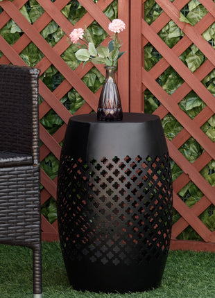 12" Steel Outdoor Side Table, Round Hollow Drum Patio End Table, Accent Table for Indoor and Outdoor, Black