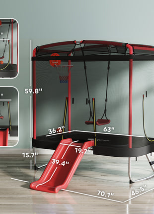 4 x 6FT Trampoline for Kids Indoor & Outdoor with Slide, Swing, Basketball Hoop and Safety Enclosure, Red