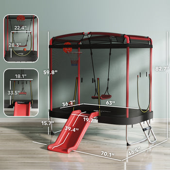4 x 6FT Trampoline for Kids Indoor & Outdoor with Slide, Swing, Basketball Hoop and Safety Enclosure, Red