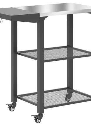 Three-Shelf Outdoor Grill Cart Table with Foldable Side Table, Stainless Steel Top Pizza Oven Stand with Hooks, Silver