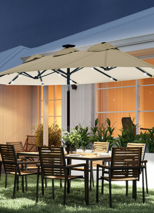 Double-sided Patio Umbrella, 9.7' Outdoor Umbrella with Tilt and Crank, LED Solar Light and 12 Ribs, Cream White