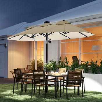 Double-sided Patio Umbrella, 9.7' Outdoor Umbrella with Tilt and Crank, LED Solar Light and 12 Ribs, Cream White