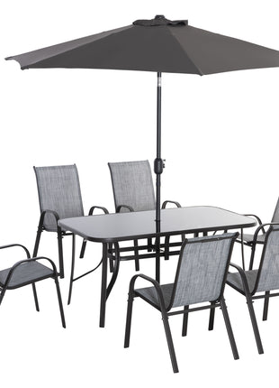 8 Pieces Patio Furniture Set with 9Ft Patio Umbrella, Outdoor Dining Table and Chairs, 6 Chairs, Push Button Tilt and Crank Parasol, Tempered Glass Top, Gray