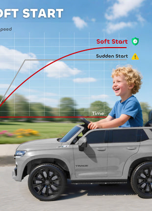 Licensed Chevrolet Tahoe Ride On Car, 12V 7AH Battery Power Ride On Toy with Parent Remote Control, LED Lights, Music, 4 Wheeler Suspension, 3 Speeds, Kids Electric Vehicle for Aged 3+, Gray