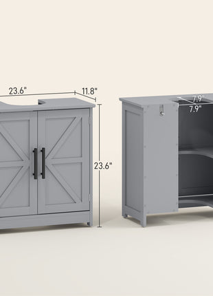 Farmhouse Pedestal Sink Storage Cabinet, Bathroom Sink Cabinet with 2 Barn Doors and Adjustable Shelf, Dark Gray