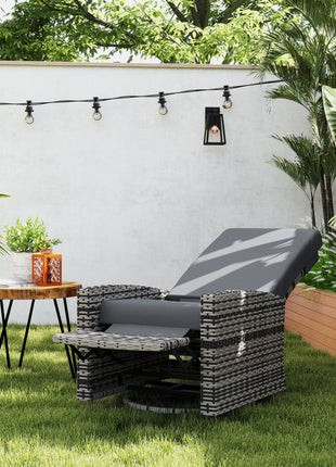 Outdoor Wicker Swivel Recliner Chair, Lifting Footrest, 360° Rotating Basic, Water-resistant Cushions, Gray