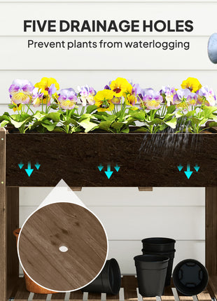 Wood Raised Planter Box, Elevated Garden Bed with Lockable Wheels, Side Tables, Bottom Shelf, Drain Holes, Carbonized