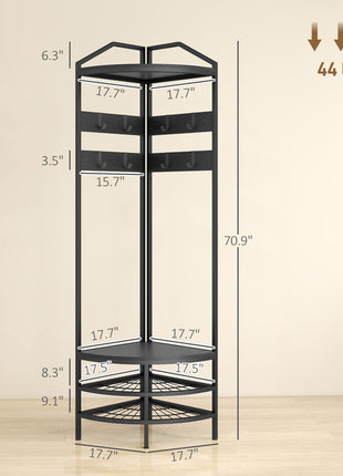 Corner Hall Tree, Industrial 4-Tier Coat Rack with Shoe Storage, 8 Movable Hooks and 2 Shelves for Hallway, Black