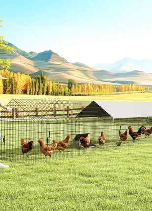 Metal Chicken Coop, Large Chicken Run with Water-Resistant & Anti-UV Cover for 7-9 Hens, Outdoor Hen House with 10 Doors