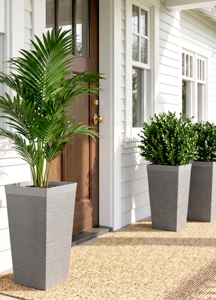 22.8 Inch Set of 3 Outdoor Planters with Stone Finish and Wheels, Stackable Tapered Planters with Drainage Hole, Gray